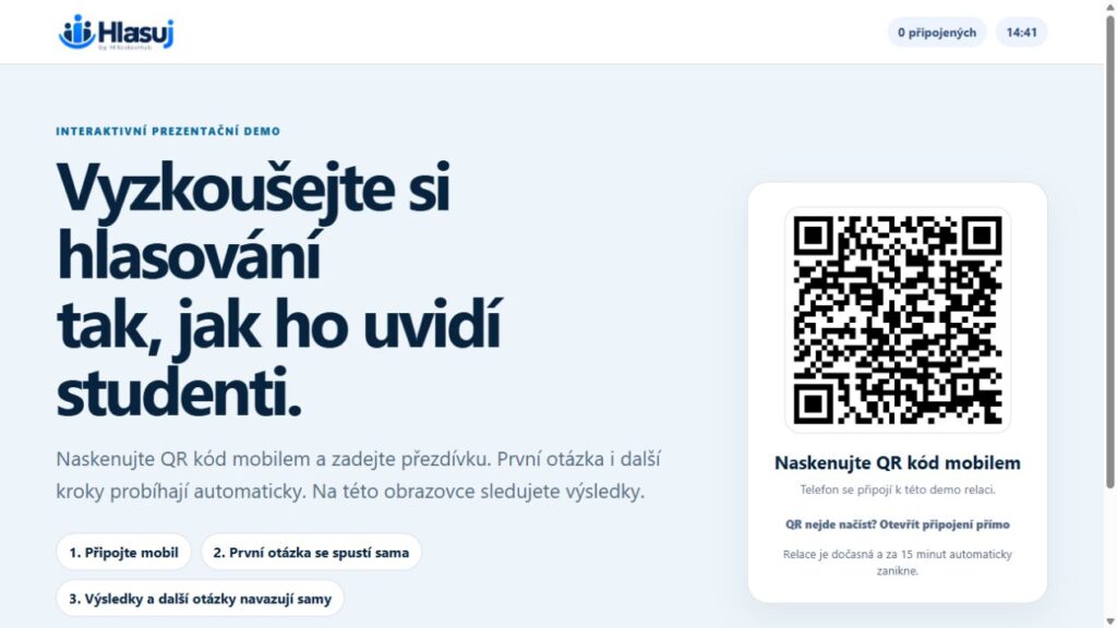 Hlasuj! public demo entry screen with QR-code joining
